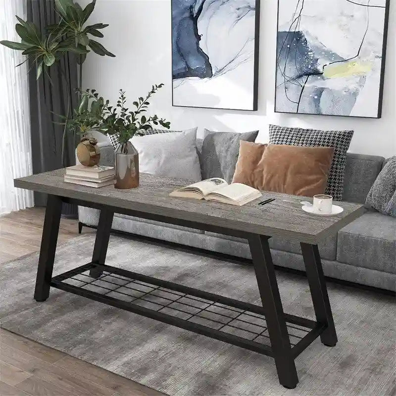 Banc d'entrée de style vintage, banc à chaussures avec cadre en métal robuste et étagères en panneaux de particules rustiques, capacité de charge de 148 kg, banc polyvalent pour hall d'entrée et bout de lit