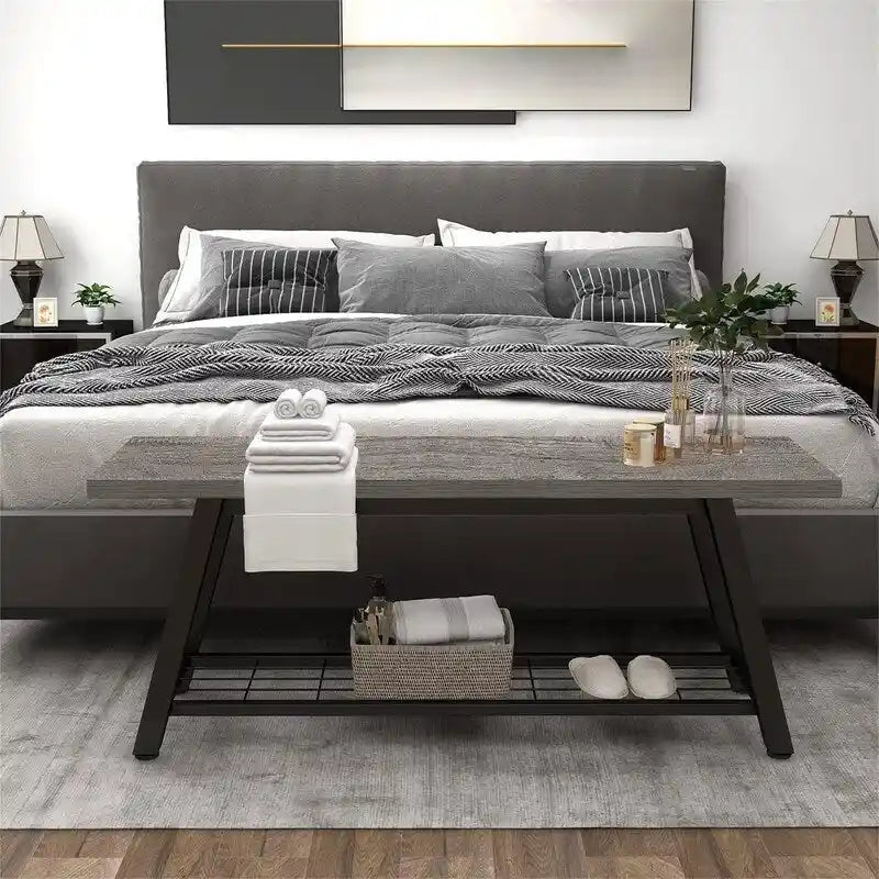 Banc d'entrée de style vintage, banc à chaussures avec cadre en métal robuste et étagères en panneaux de particules rustiques, capacité de charge de 148 kg, banc polyvalent pour hall d'entrée et bout de lit