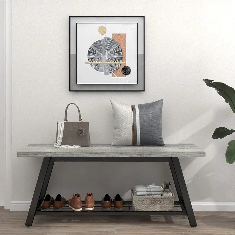 Banc d'entrée de style vintage, banc à chaussures avec cadre en métal robuste et étagères en panneaux de particules rustiques, capacité de charge de 148 kg, banc polyvalent pour hall d'entrée et bout de lit