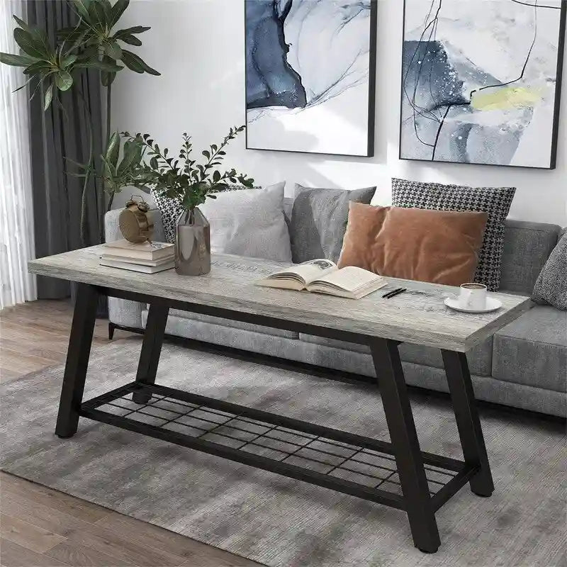 Banc d'entrée de style vintage, banc à chaussures avec cadre en métal robuste et étagères en panneaux de particules rustiques, capacité de charge de 148 kg, banc polyvalent pour hall d'entrée et bout de lit