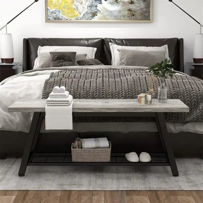Banc d'entrée de style vintage, banc à chaussures avec cadre en métal robuste et étagères en panneaux de particules rustiques, capacité de charge de 148 kg, banc polyvalent pour hall d'entrée et bout de lit
