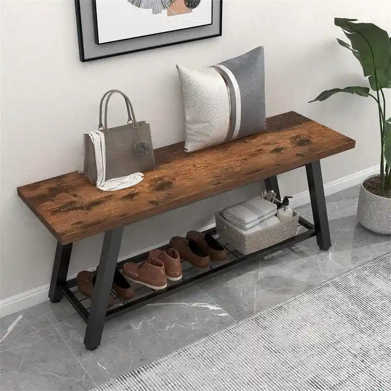 Banc d'entrée de style vintage, banc à chaussures avec cadre en métal robuste et étagères en panneaux de particules rustiques, capacité de charge de 148 kg, banc polyvalent pour hall d'entrée et bout de lit