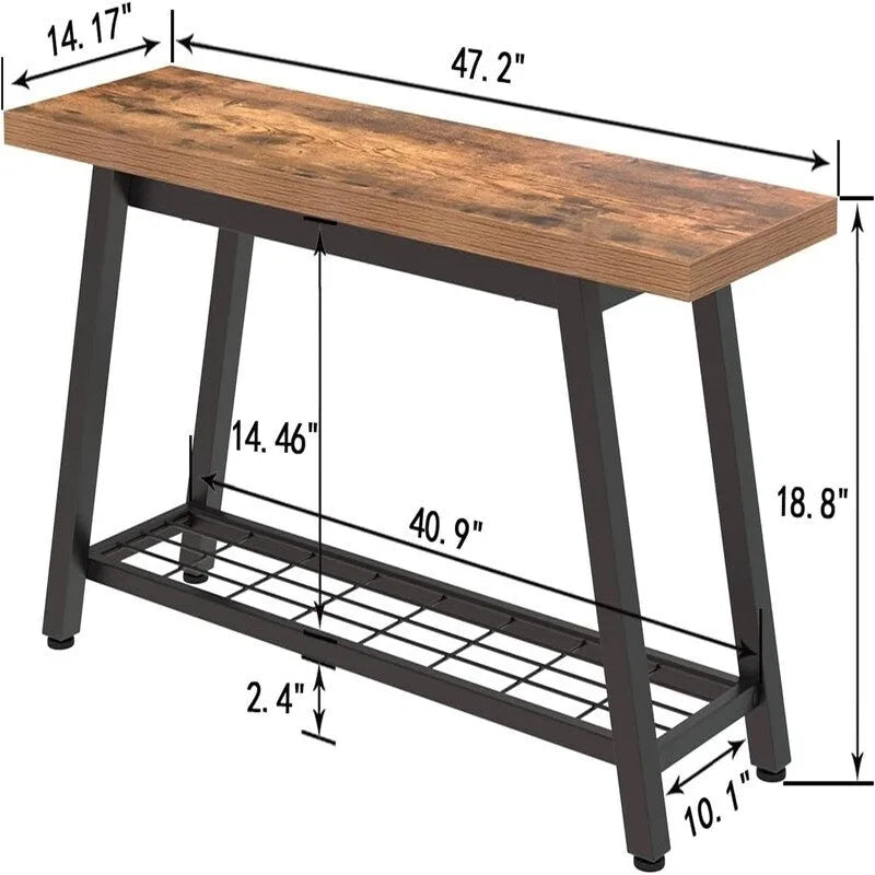 Banc d'entrée de style vintage, banc à chaussures avec cadre en métal robuste et étagères en panneaux de particules rustiques, capacité de charge de 148 kg, banc polyvalent pour hall d'entrée et bout de lit