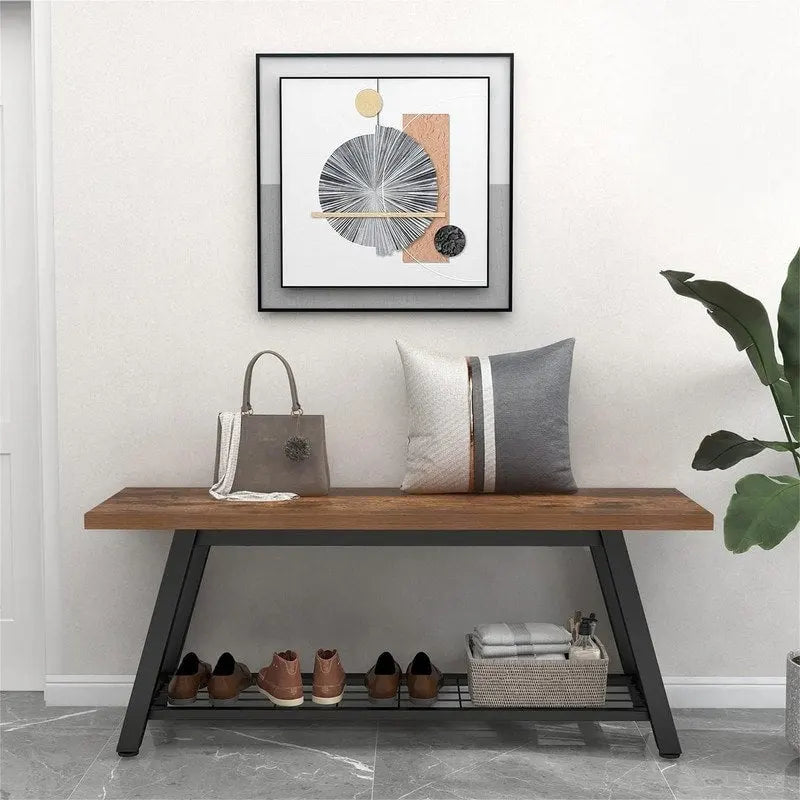 Banc d'entrée de style vintage, banc à chaussures avec cadre en métal robuste et étagères en panneaux de particules rustiques, capacité de charge de 148 kg, banc polyvalent pour hall d'entrée et bout de lit
