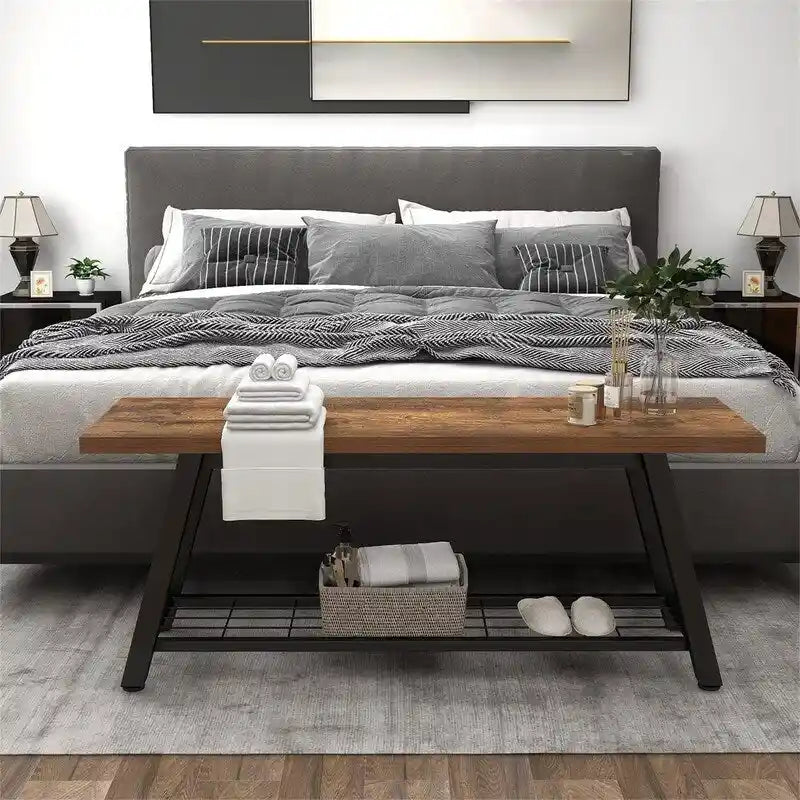 Banc d'entrée de style vintage, banc à chaussures avec cadre en métal robuste et étagères en panneaux de particules rustiques, capacité de charge de 148 kg, banc polyvalent pour hall d'entrée et bout de lit