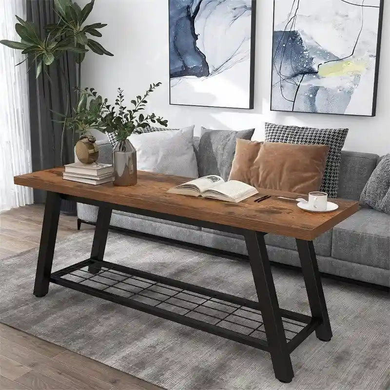 Banc d'entrée de style vintage, banc à chaussures avec cadre en métal robuste et étagères en panneaux de particules rustiques, capacité de charge de 148 kg, banc polyvalent pour hall d'entrée et bout de lit