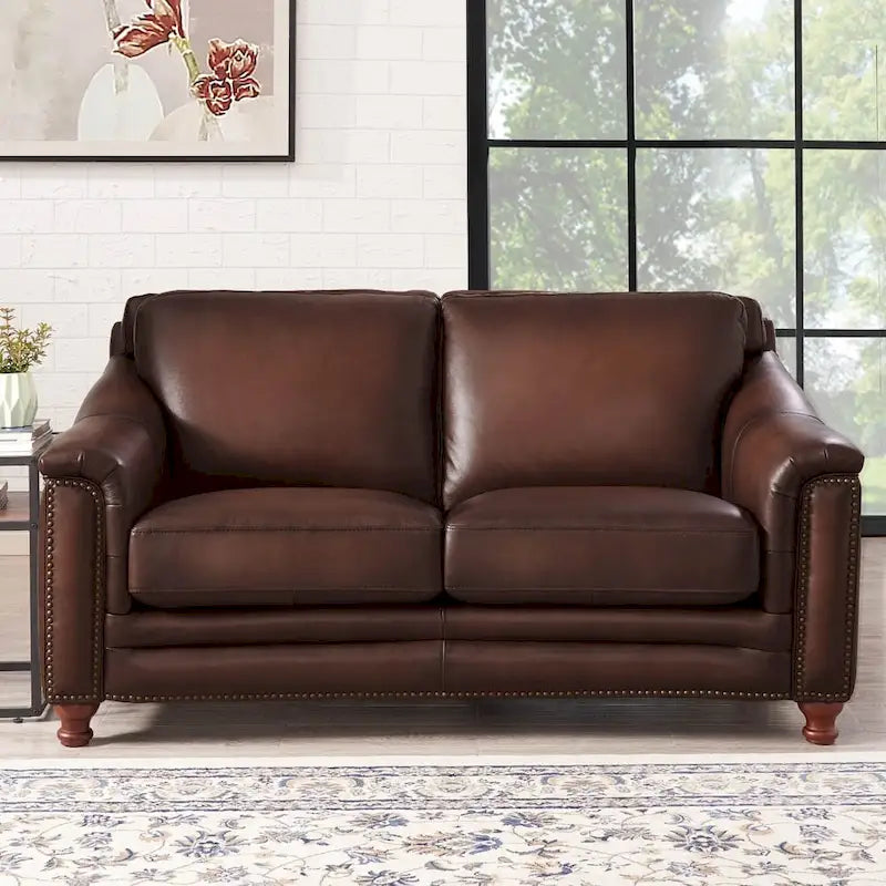 Hydeline Belfast Top Grain Leather Loveseat, Feather, Memory Foam and Springs