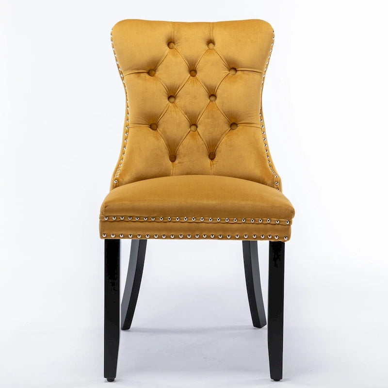 Chaises de salle à manger contemporaines haut de gamme rembourrées en velours touffeté en bois massif avec pieds en bois, garniture de clous de tapissier, lot de 2, doré