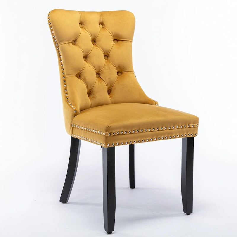 Chaises de salle à manger contemporaines haut de gamme rembourrées en velours touffeté en bois massif avec pieds en bois, garniture de clous de tapissier, lot de 2, doré