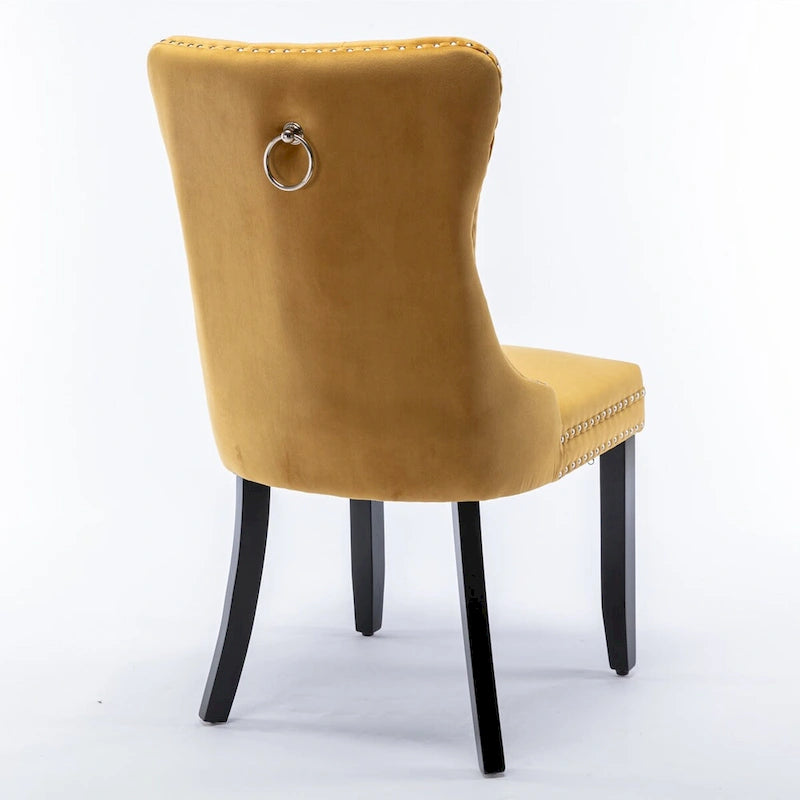 Chaises de salle à manger contemporaines haut de gamme rembourrées en velours touffeté en bois massif avec pieds en bois, garniture de clous de tapissier, lot de 2, doré