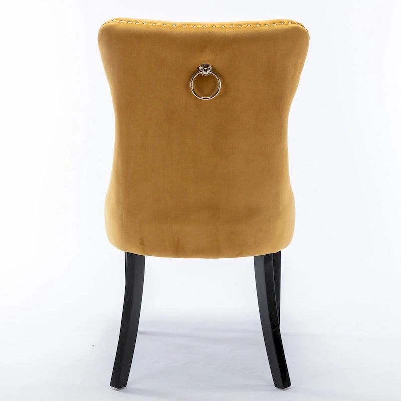 Chaises de salle à manger contemporaines haut de gamme rembourrées en velours touffeté en bois massif avec pieds en bois, garniture de clous de tapissier, lot de 2, doré