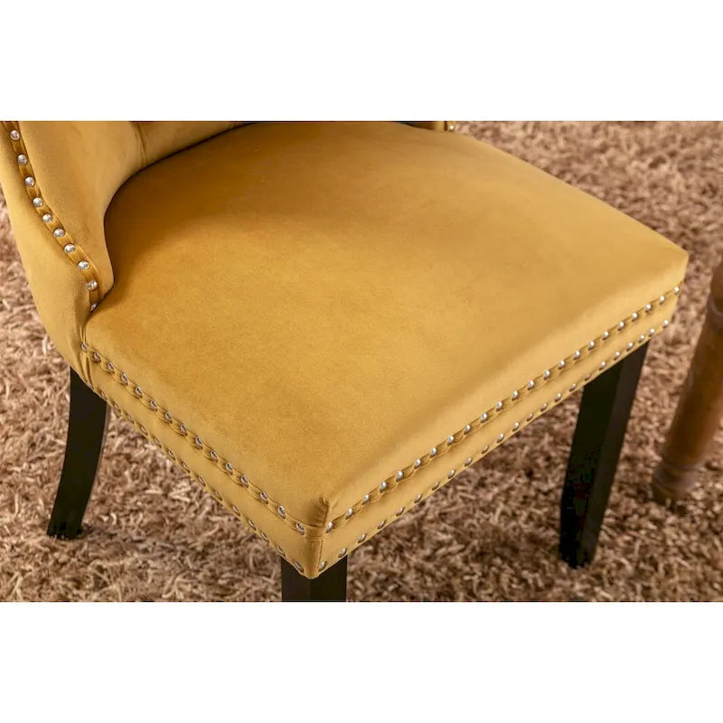 Chaises de salle à manger contemporaines haut de gamme rembourrées en velours touffeté en bois massif avec pieds en bois, garniture de clous de tapissier, lot de 2, doré