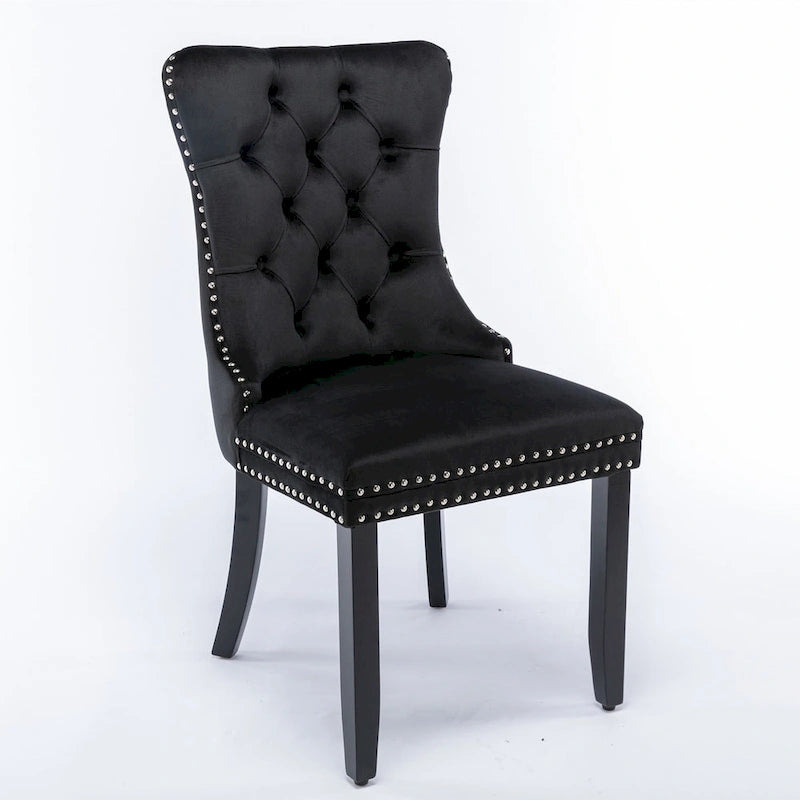 Chaises de salle à manger contemporaines haut de gamme rembourrées en velours touffeté en bois massif avec pieds en bois, garniture de clous de tapissier, lot de 2, doré