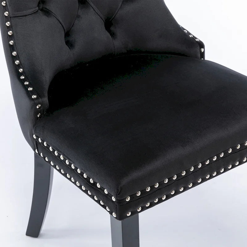 Chaises de salle à manger contemporaines haut de gamme rembourrées en velours touffeté en bois massif avec pieds en bois, garniture de clous de tapissier, lot de 2, doré