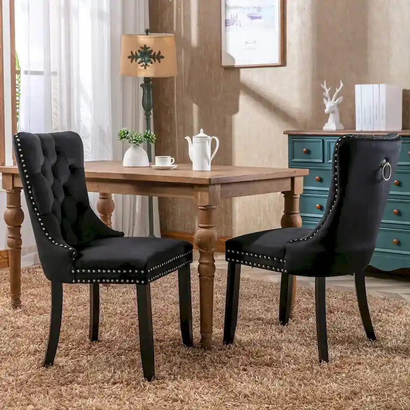 Chaises de salle à manger contemporaines haut de gamme rembourrées en velours touffeté en bois massif avec pieds en bois, garniture de clous de tapissier, lot de 2, doré