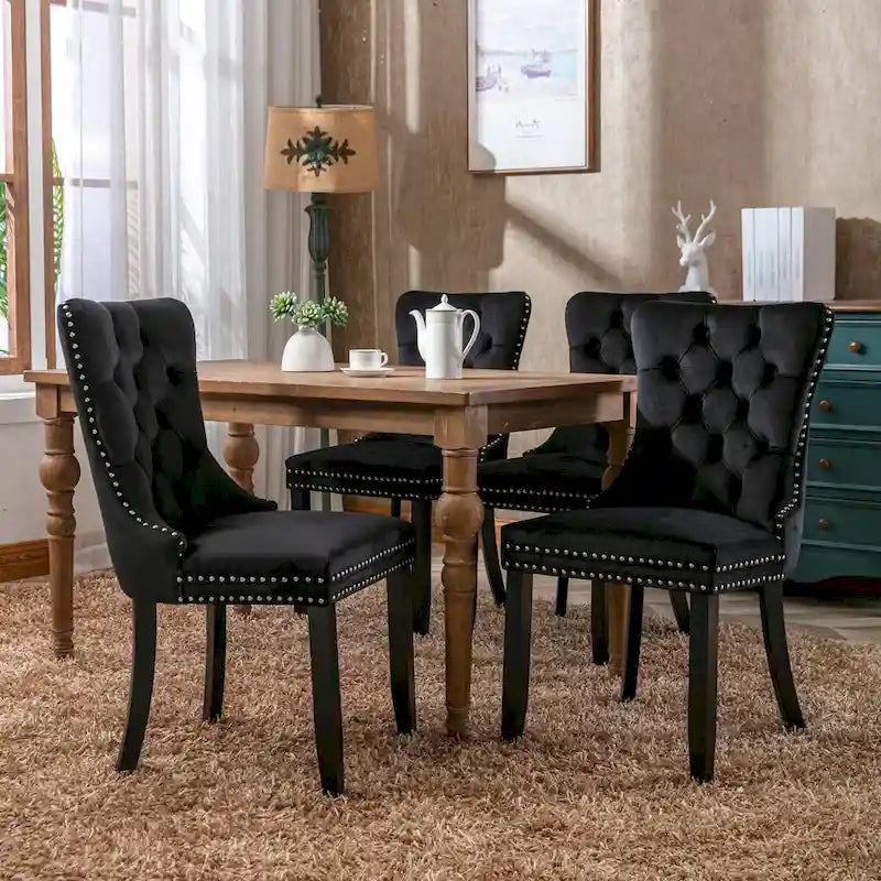 Chaises de salle à manger contemporaines haut de gamme rembourrées en velours touffeté en bois massif avec pieds en bois, garniture de clous de tapissier, lot de 2, doré