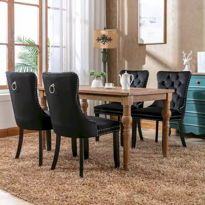 Chaises de salle à manger contemporaines haut de gamme rembourrées en velours touffeté en bois massif avec pieds en bois, garniture de clous de tapissier, lot de 2, doré