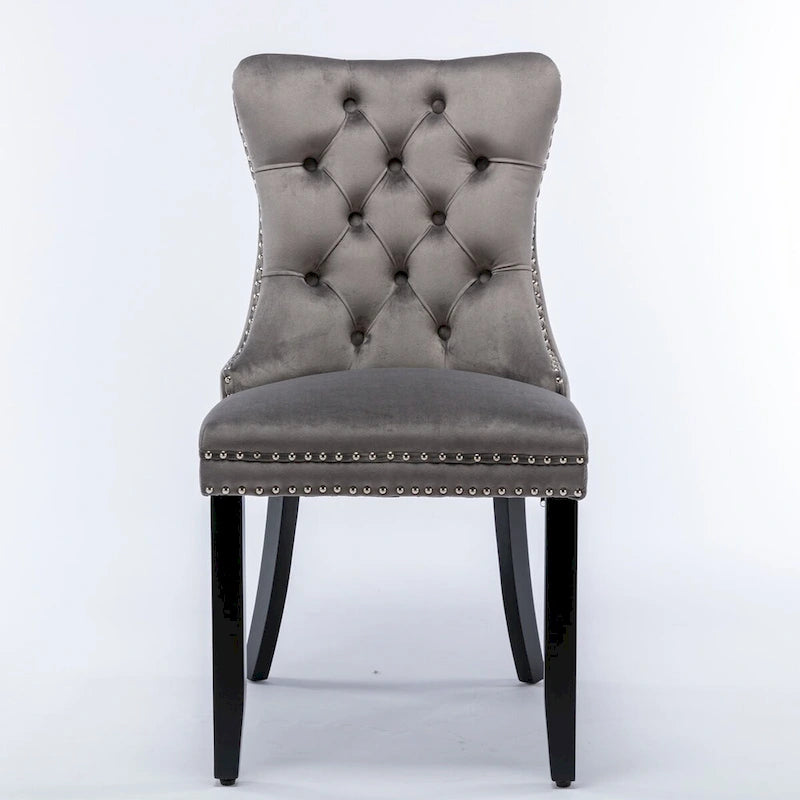 Chaises de salle à manger contemporaines haut de gamme rembourrées en velours touffeté en bois massif avec pieds en bois, garniture de clous de tapissier, lot de 2, doré