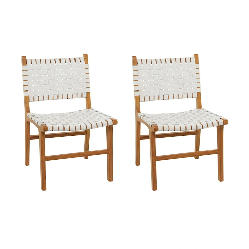 Chaise de salle à manger tressée à la main en cuir avec cadre en bois de teck - Lot de 2 Marron, Blanc ou Noir