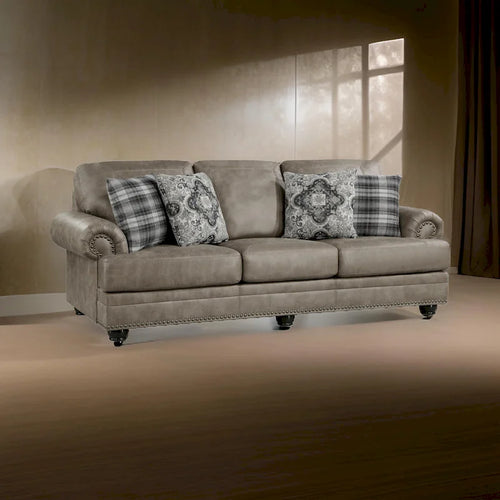 Jade 98 Inch Sofa, Taupe Brown Microfiber, 4 Pillows, Soft Cushions, Wood