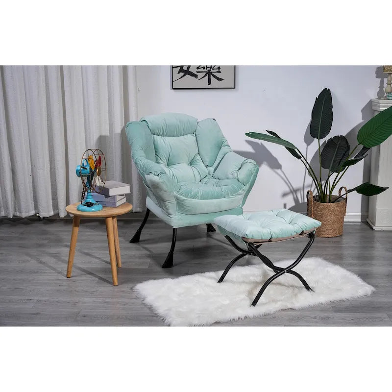Fauteuil de salon contemporain, canapé individuel avec structure en acier, accoudoirs, poche latérale et repose-pieds.