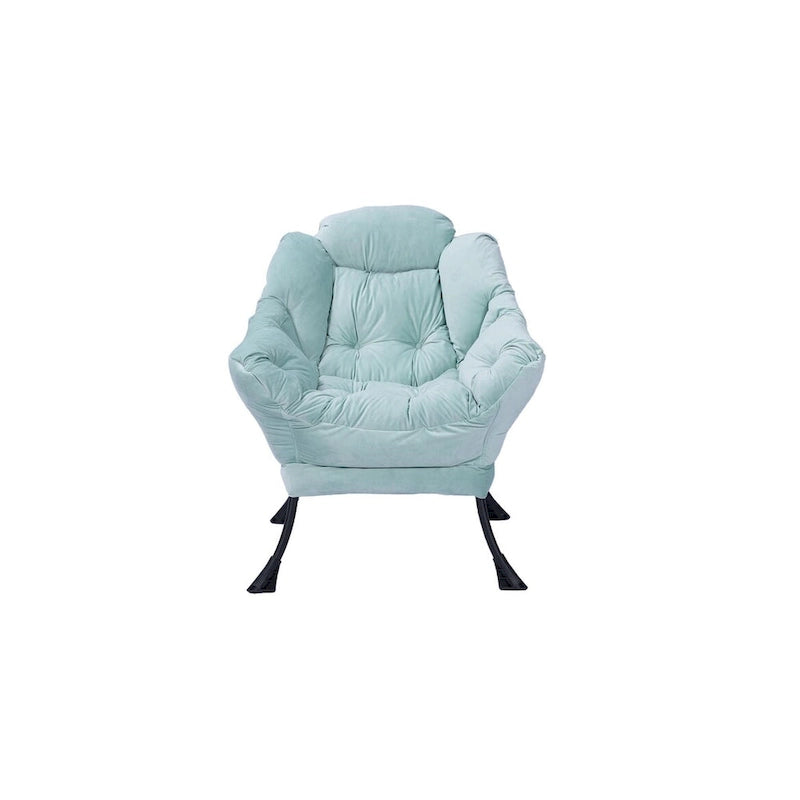 Fauteuil de salon contemporain, canapé individuel avec structure en acier, accoudoirs, poche latérale et repose-pieds.