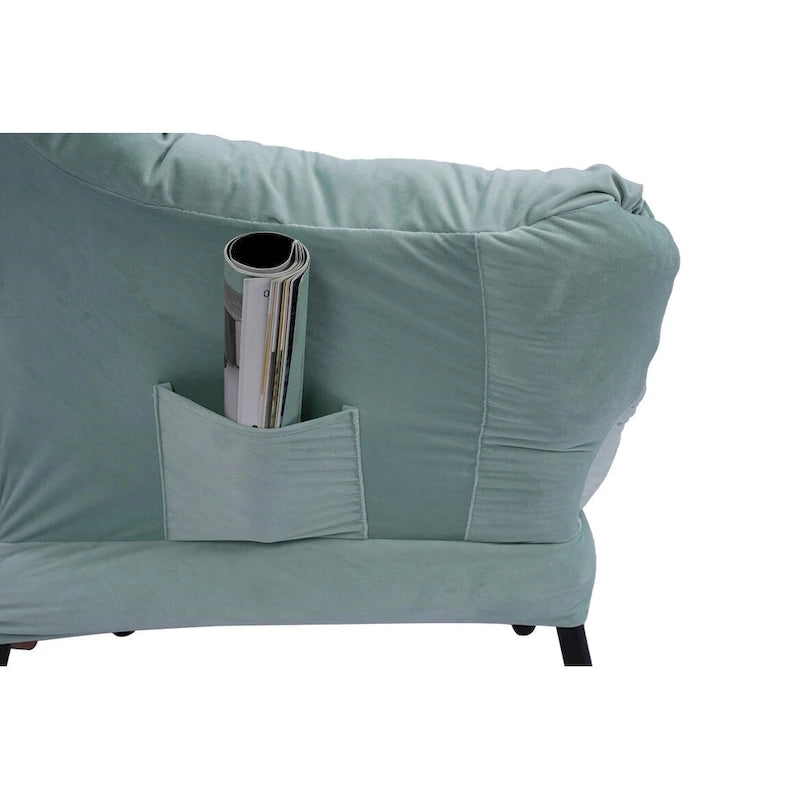 Fauteuil de salon contemporain, canapé individuel avec structure en acier, accoudoirs, poche latérale et repose-pieds.