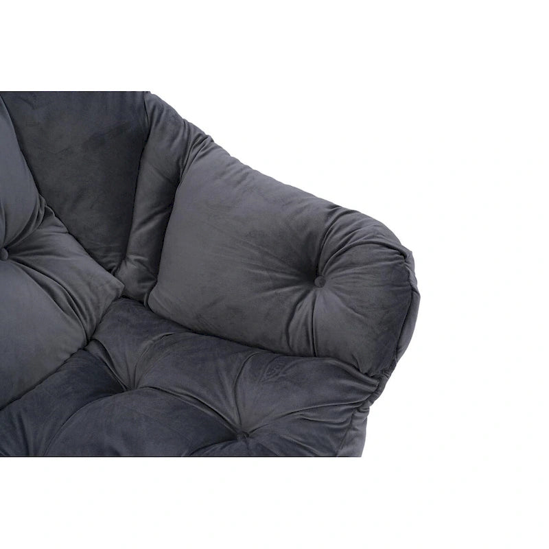 Fauteuil de salon contemporain, canapé individuel avec structure en acier, accoudoirs, poche latérale et repose-pieds.