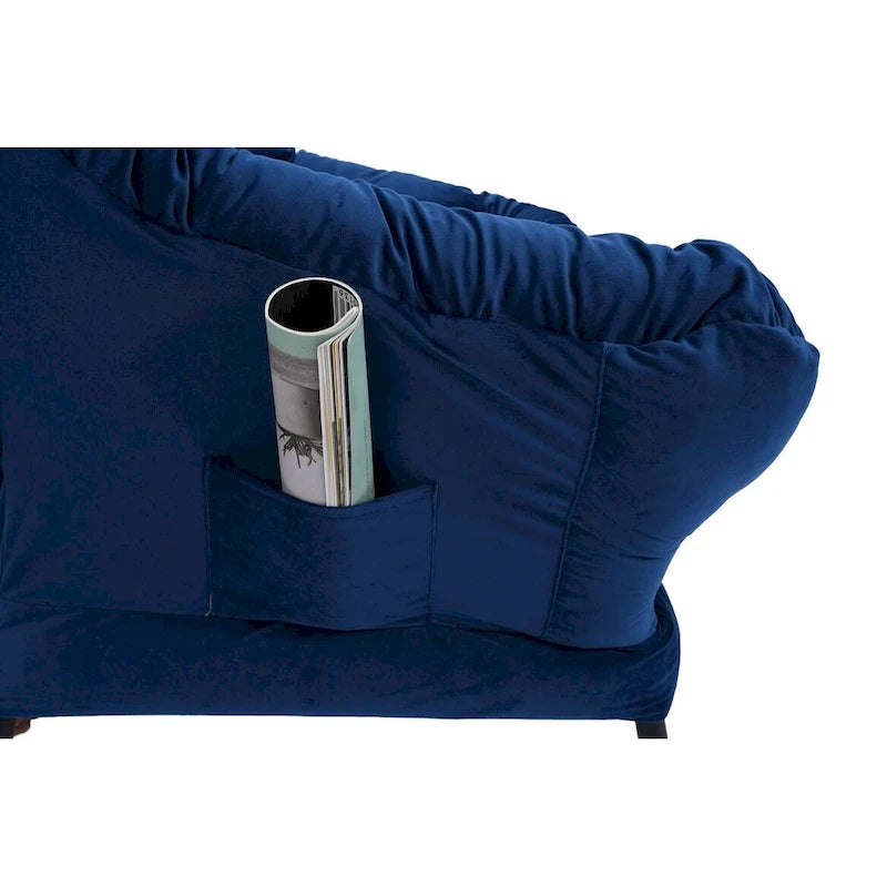 Fauteuil de salon contemporain, canapé individuel avec structure en acier, accoudoirs, poche latérale et repose-pieds.