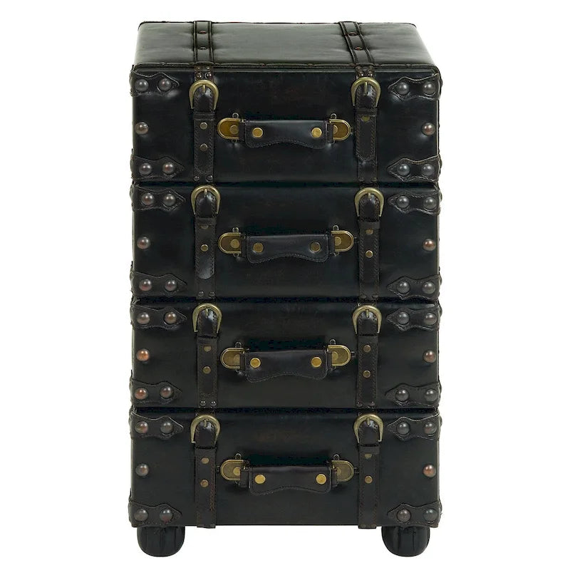 Commode de chambre vintage 4 tiroirs en similicuir avec sangles à boucles et clous dorés - Noir