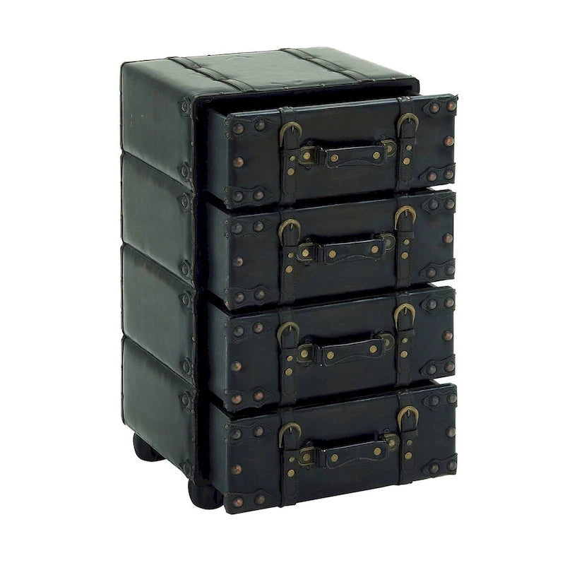 Commode de chambre vintage 4 tiroirs en similicuir avec sangles à boucles et clous dorés - Noir